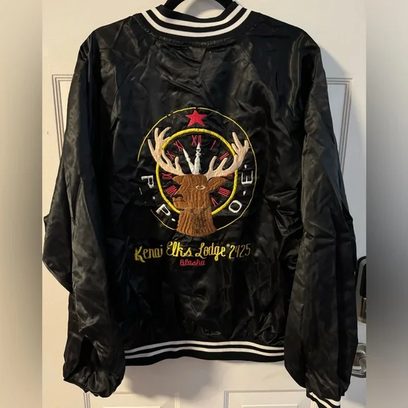 80’s Satin Bomber Jacket Kenai Elks Lodge Alaska XL Vintage Hartwell Made in USA